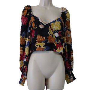 Band Of The Free Women Black Floral Crop Top Long Puff Sleeves Size M Tie NEW